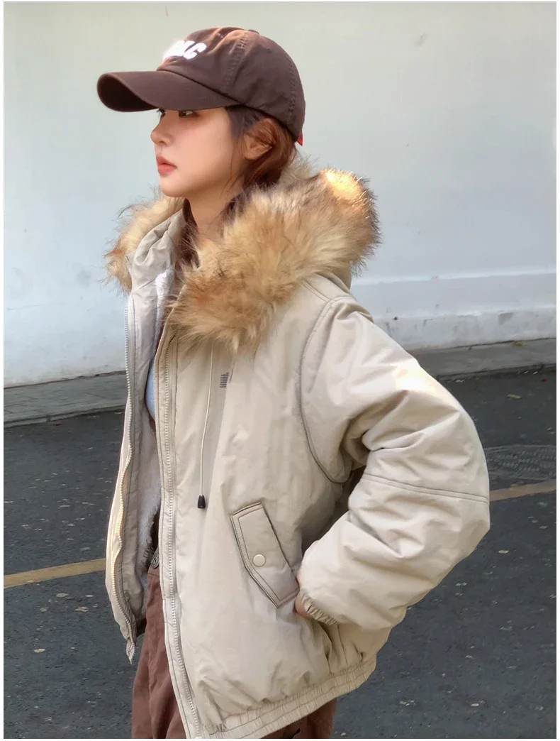 American Retro New Women Tops Parkas Coats Winter Fur Collar Hooded Long Sleeve Loose All Match Female Quilted Jacket Clothing
