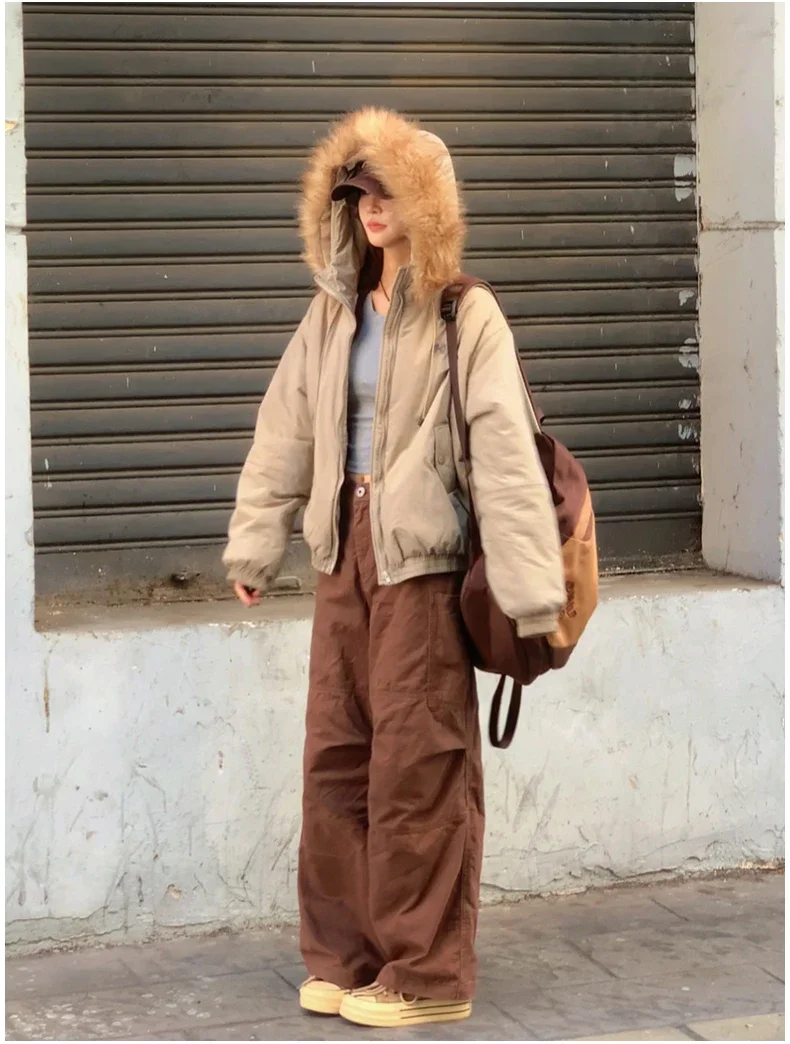 American Retro New Women Tops Parkas Coats Winter Fur Collar Hooded Long Sleeve Loose All Match Female Quilted Jacket Clothing
