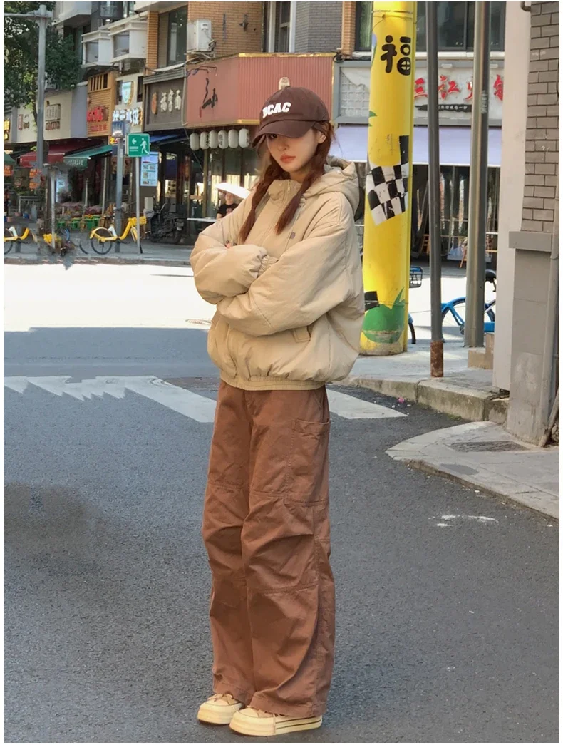 American Retro New Women Tops Parkas Coats Winter Fur Collar Hooded Long Sleeve Loose All Match Female Quilted Jacket Clothing
