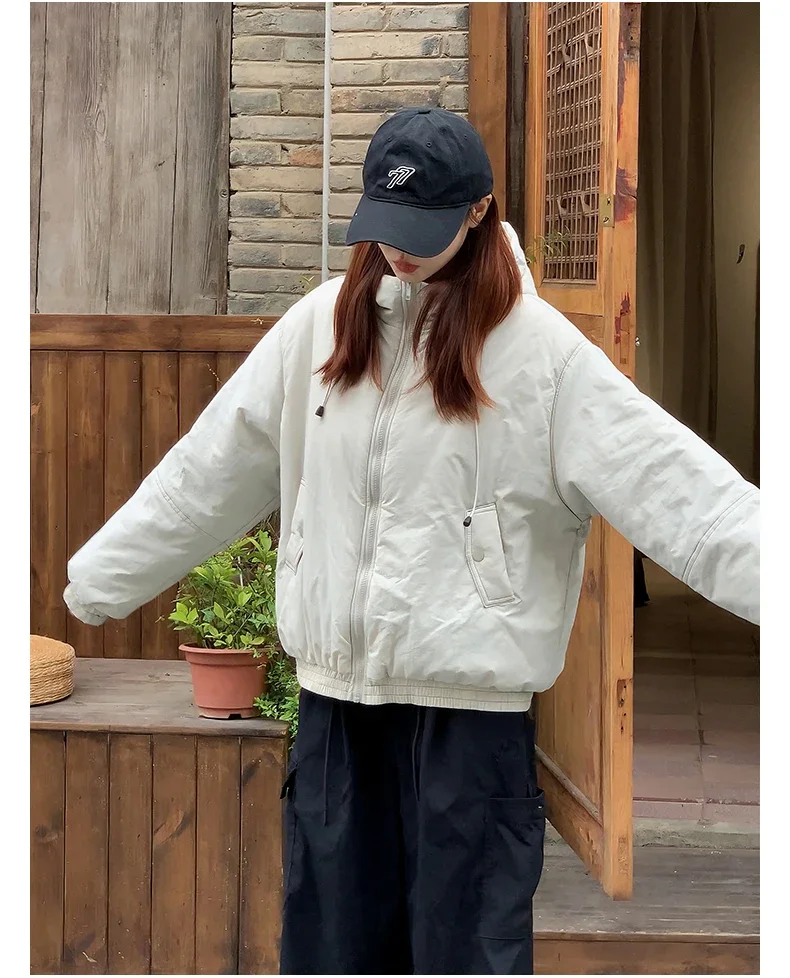 American Retro New Women Tops Parkas Coats Winter Fur Collar Hooded Long Sleeve Loose All Match Female Quilted Jacket Clothing