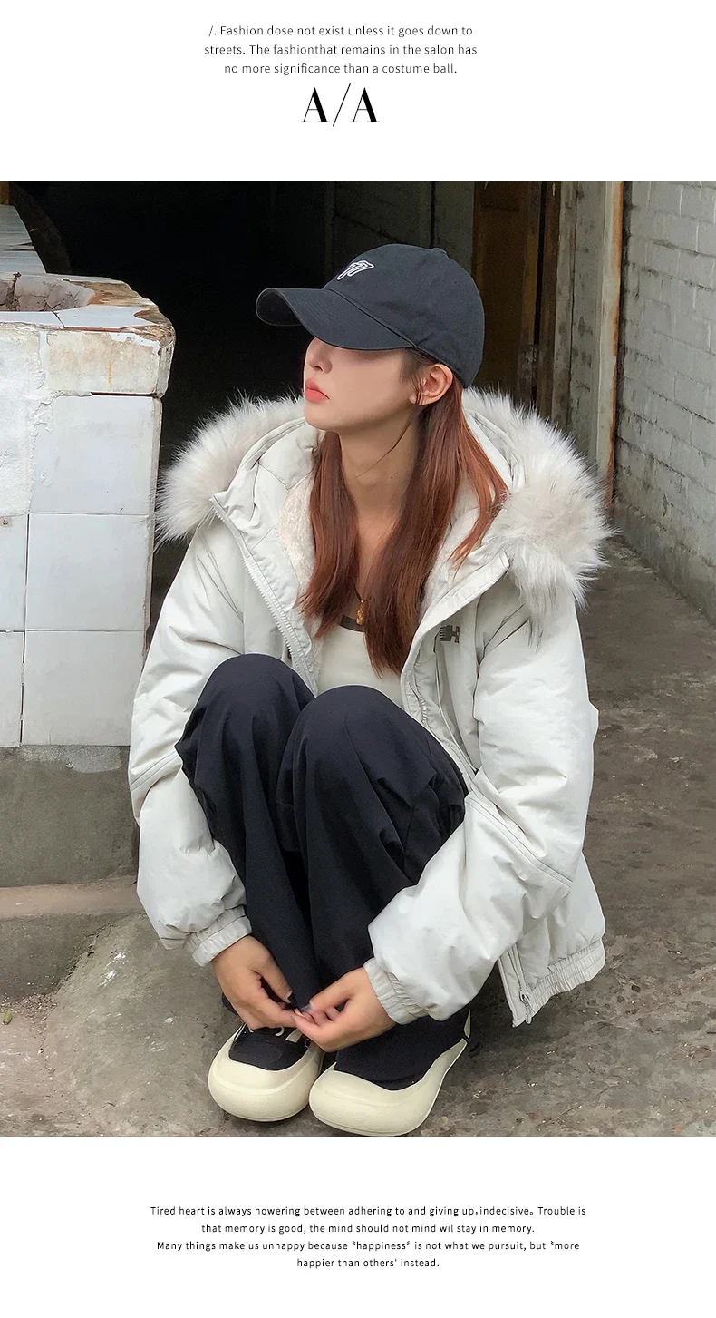 American Retro New Women Tops Parkas Coats Winter Fur Collar Hooded Long Sleeve Loose All Match Female Quilted Jacket Clothing