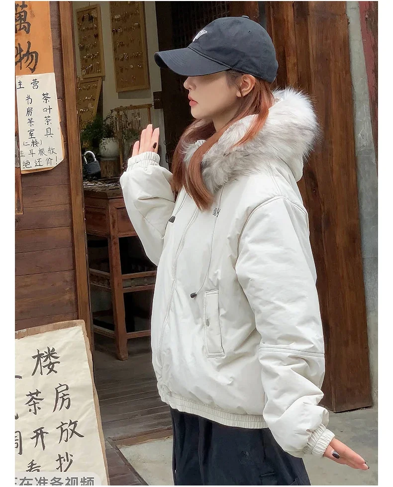 American Retro New Women Tops Parkas Coats Winter Fur Collar Hooded Long Sleeve Loose All Match Female Quilted Jacket Clothing