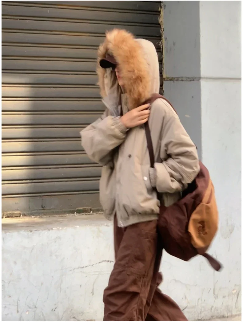 American Retro New Women Tops Parkas Coats Winter Fur Collar Hooded Long Sleeve Loose All Match Female Quilted Jacket Clothing