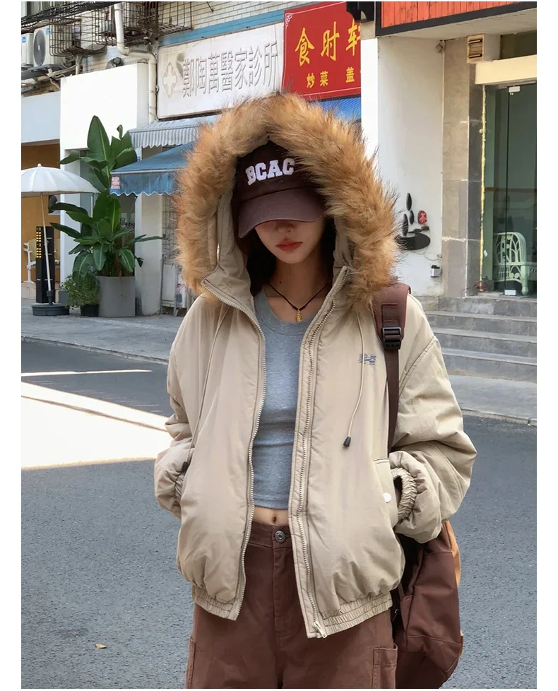 American Retro New Women Tops Parkas Coats Winter Fur Collar Hooded Long Sleeve Loose All Match Female Quilted Jacket Clothing