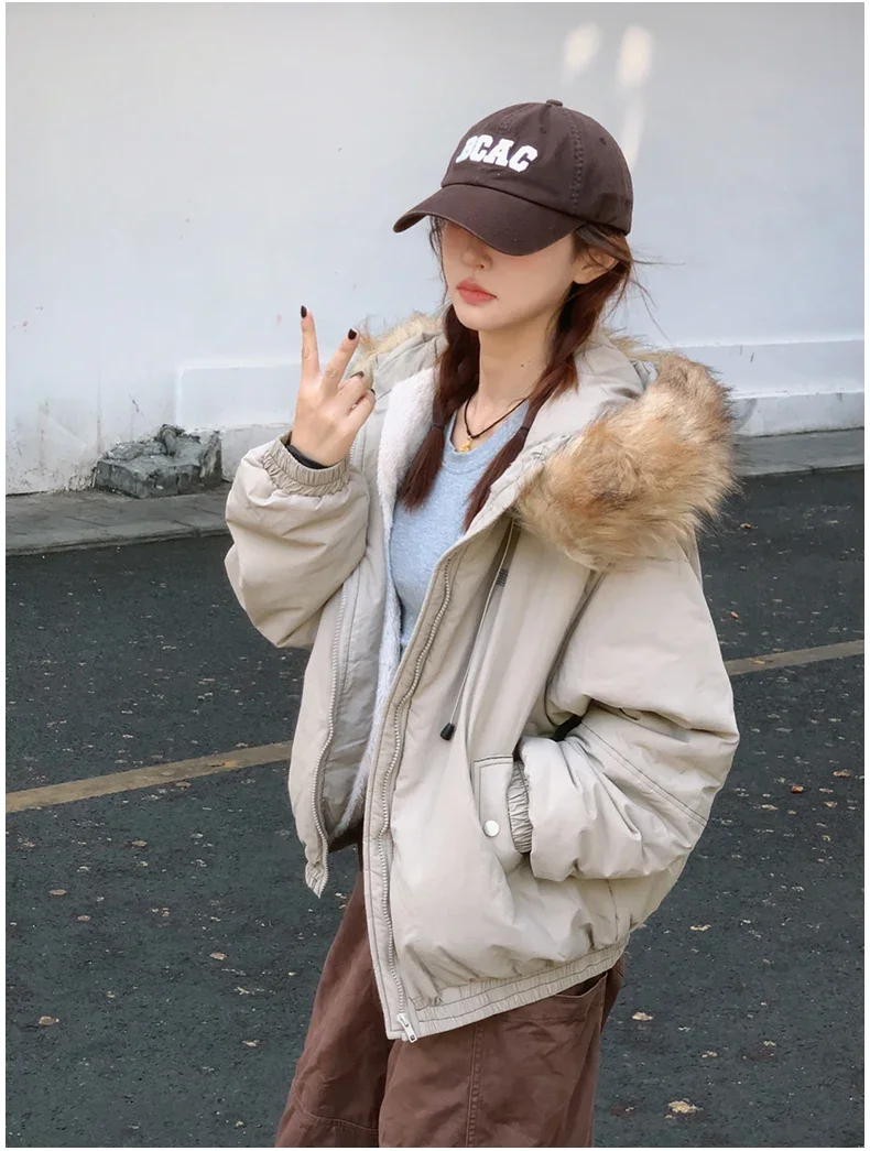 American Retro New Women Tops Parkas Coats Winter Fur Collar Hooded Long Sleeve Loose All Match Female Quilted Jacket Clothing