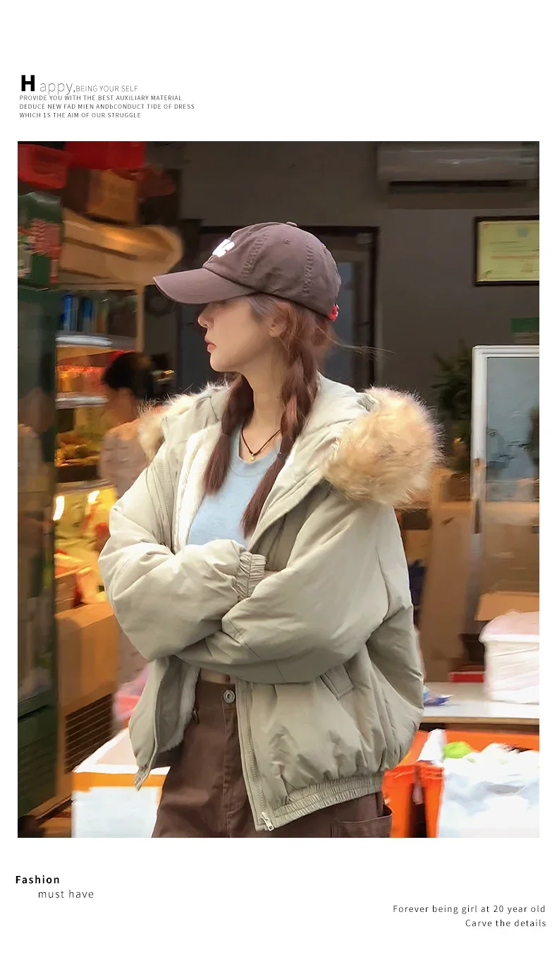 American Retro New Women Tops Parkas Coats Winter Fur Collar Hooded Long Sleeve Loose All Match Female Quilted Jacket Clothing