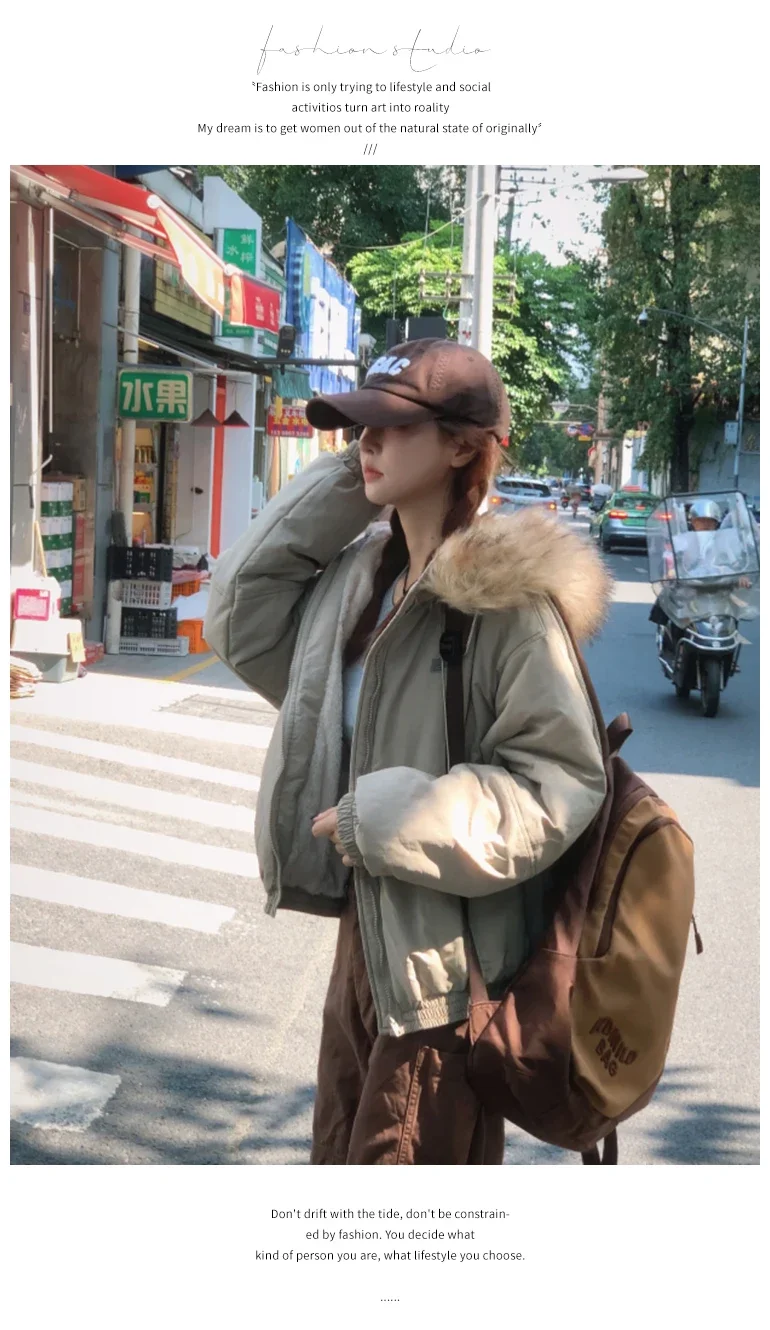 American Retro New Women Tops Parkas Coats Winter Fur Collar Hooded Long Sleeve Loose All Match Female Quilted Jacket Clothing