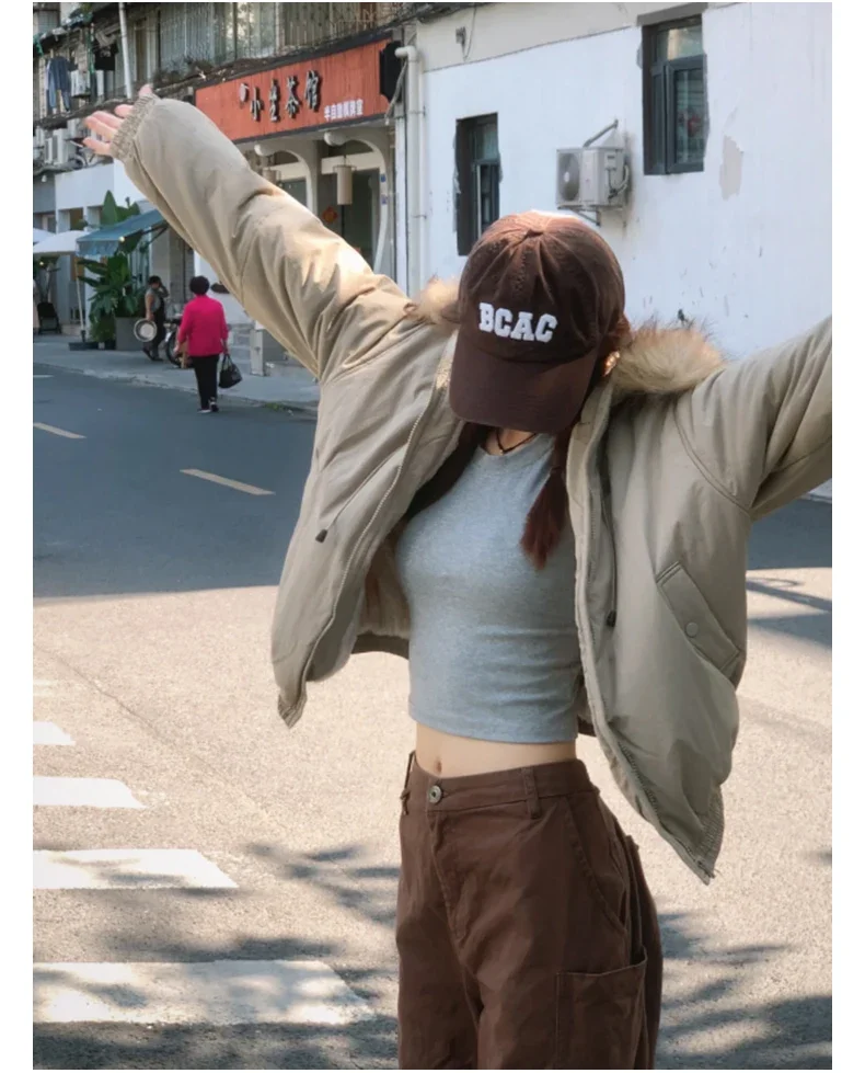 American Retro New Women Tops Parkas Coats Winter Fur Collar Hooded Long Sleeve Loose All Match Female Quilted Jacket Clothing