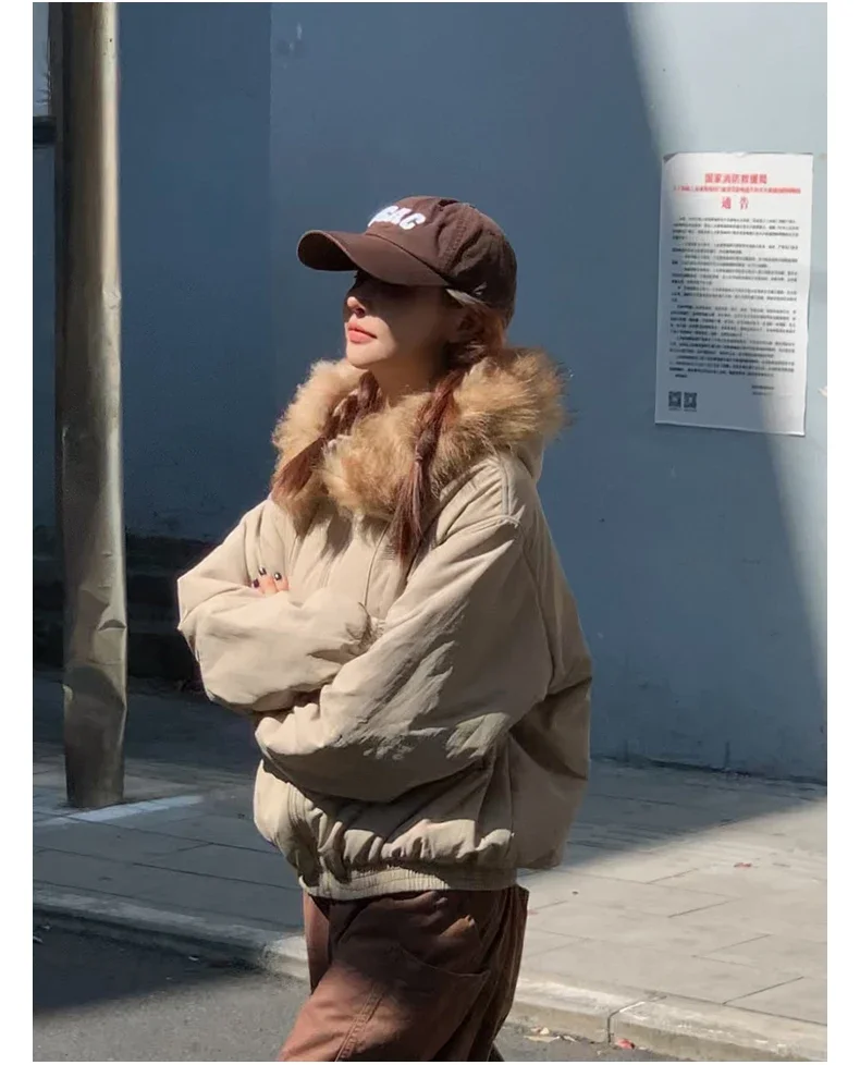 American Retro New Women Tops Parkas Coats Winter Fur Collar Hooded Long Sleeve Loose All Match Female Quilted Jacket Clothing