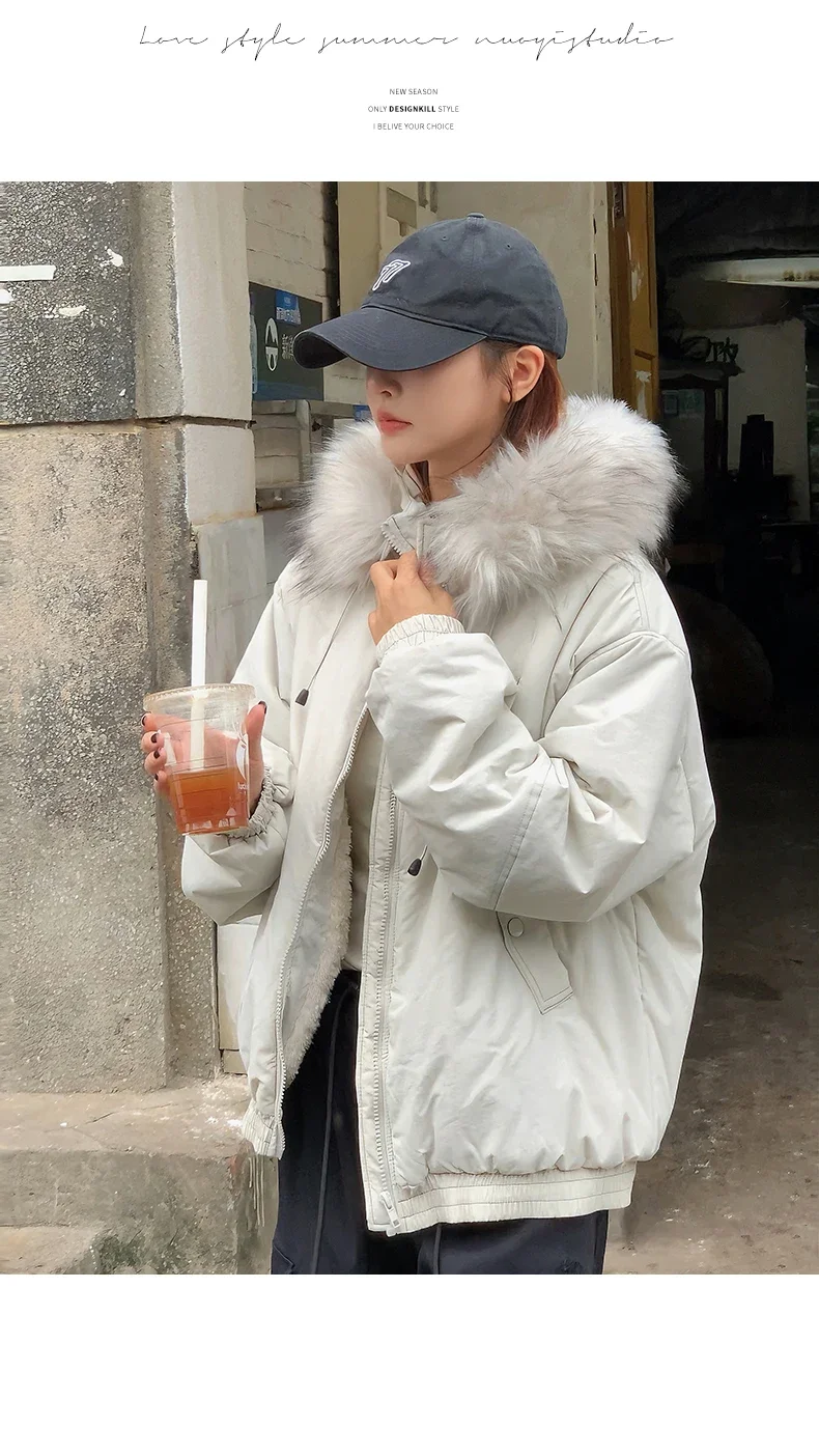 American Retro New Women Tops Parkas Coats Winter Fur Collar Hooded Long Sleeve Loose All Match Female Quilted Jacket Clothing