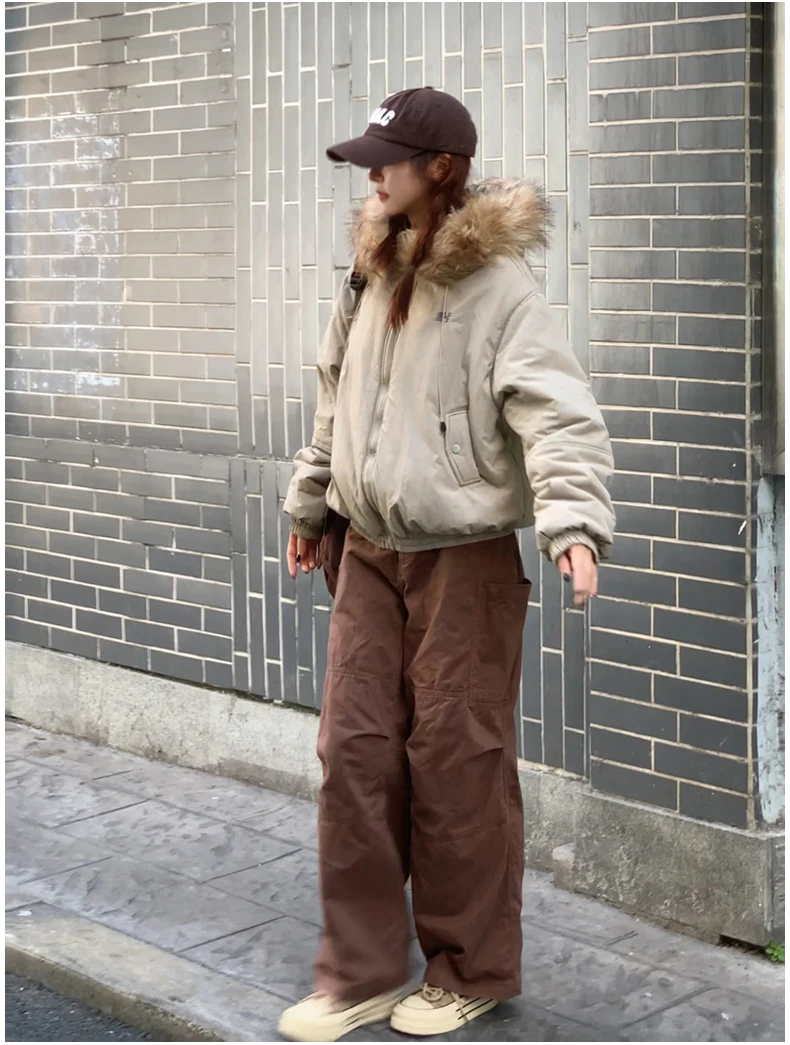 American Retro New Women Tops Parkas Coats Winter Fur Collar Hooded Long Sleeve Loose All Match Female Quilted Jacket Clothing