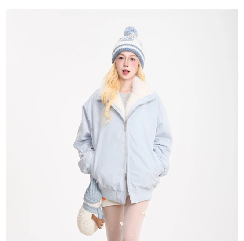 Cute Faux Lamb Parkas Women Loose Stand Collar Thick Warm Winter Sweet Cotton Coat Retro Loose Long Sleeve Pockets Kawaii Jacket