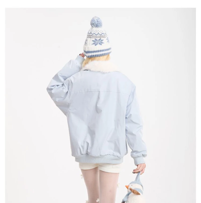 Cute Faux Lamb Parkas Women Loose Stand Collar Thick Warm Winter Sweet Cotton Coat Retro Loose Long Sleeve Pockets Kawaii Jacket