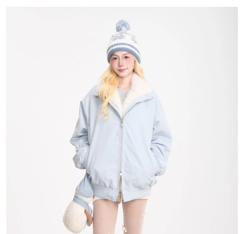 Cute Faux Lamb Parkas Women Loose Stand Collar Thick Warm Winter Sweet Cotton Coat Retro Loose Long Sleeve Pockets Kawaii Jacket