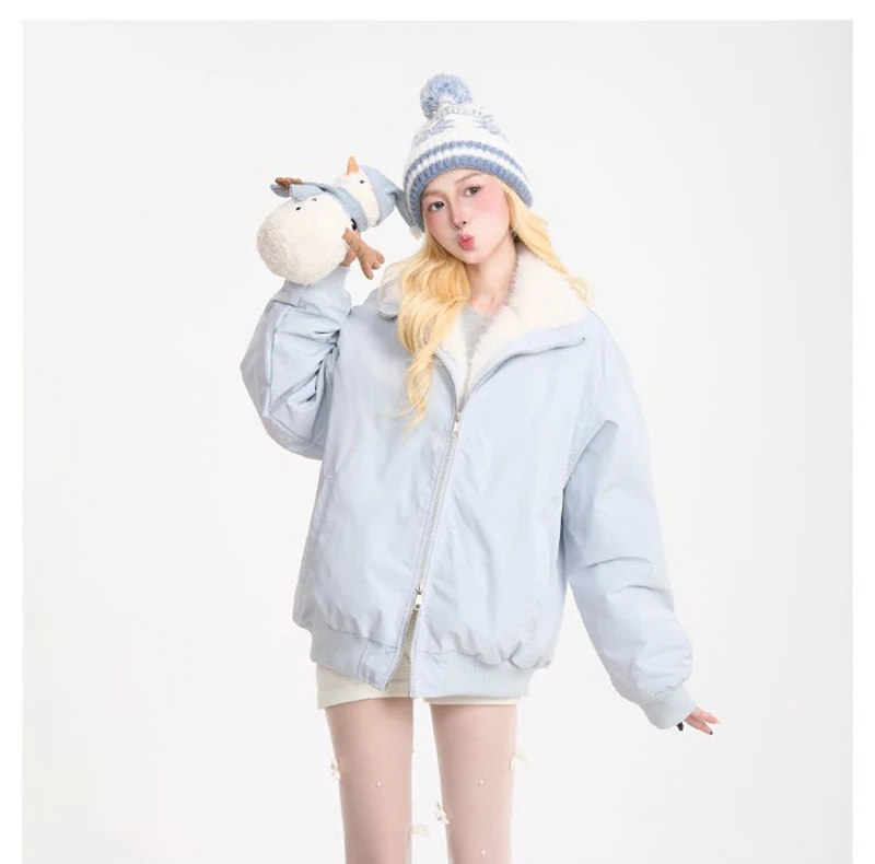 Cute Faux Lamb Parkas Women Loose Stand Collar Thick Warm Winter Sweet Cotton Coat Retro Loose Long Sleeve Pockets Kawaii Jacket