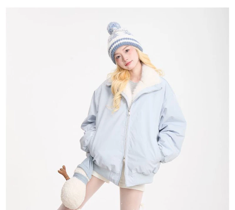 Cute Faux Lamb Parkas Women Loose Stand Collar Thick Warm Winter Sweet Cotton Coat Retro Loose Long Sleeve Pockets Kawaii Jacket