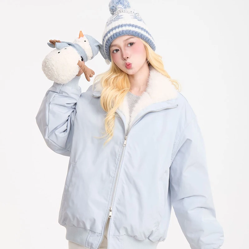 Cute Faux Lamb Parkas Women Loose Stand Collar Thick Warm Winter Sweet Cotton Coat Retro Loose Long Sleeve Pockets Kawaii Jacket