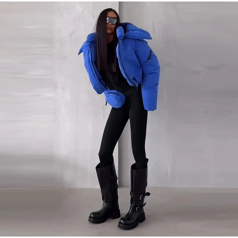 Detachable Big Hood Women Puffer Jackets Oversized Loose Winter Warm Padded Coat Streetwear High Neck Drawstring Hem Outerwear