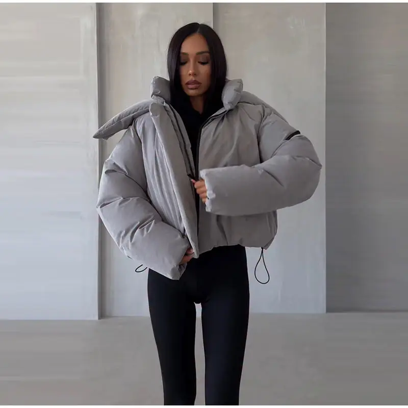 Detachable Big Hood Women Puffer Jackets Oversized Loose Winter Warm Padded Coat Streetwear High Neck Drawstring Hem Outerwear