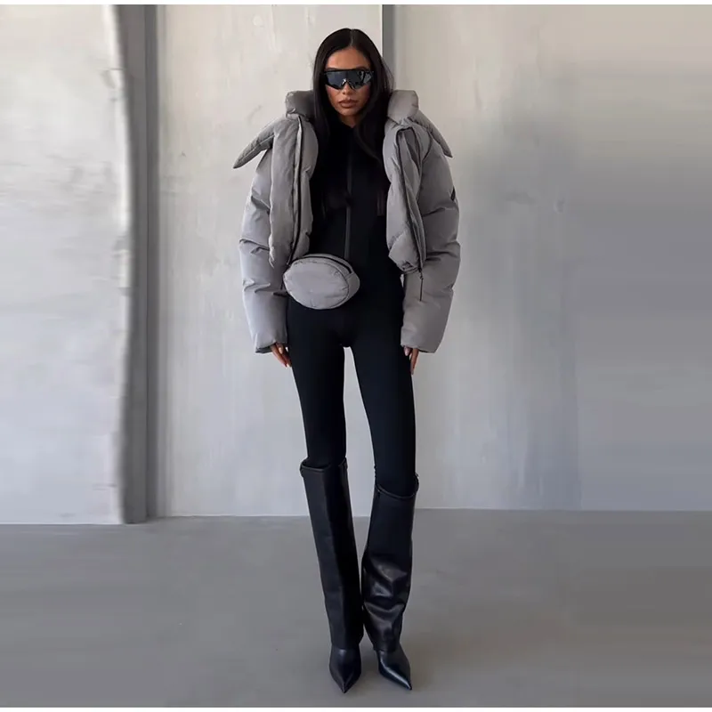 Detachable Big Hood Women Puffer Jackets Oversized Loose Winter Warm Padded Coat Streetwear High Neck Drawstring Hem Outerwear