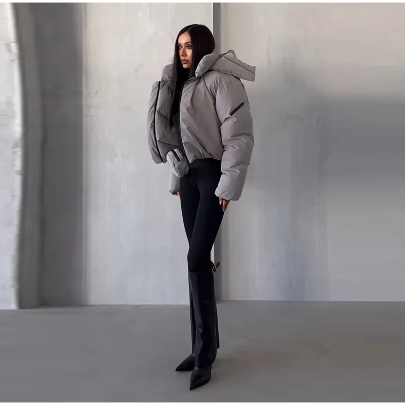 Detachable Big Hood Women Puffer Jackets Oversized Loose Winter Warm Padded Coat Streetwear High Neck Drawstring Hem Outerwear