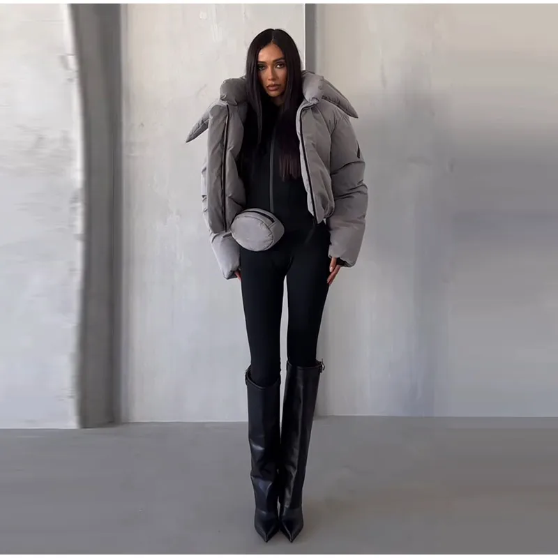 Detachable Big Hood Women Puffer Jackets Oversized Loose Winter Warm Padded Coat Streetwear High Neck Drawstring Hem Outerwear