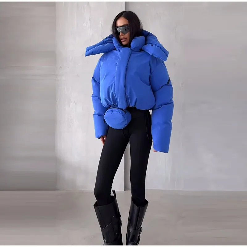 Detachable Big Hood Women Puffer Jackets Oversized Loose Winter Warm Padded Coat Streetwear High Neck Drawstring Hem Outerwear