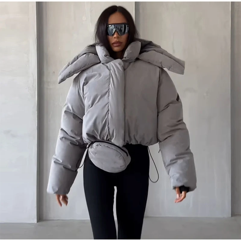 Detachable Big Hood Women Puffer Jackets Oversized Loose Winter Warm Padded Coat Streetwear High Neck Drawstring Hem Outerwear