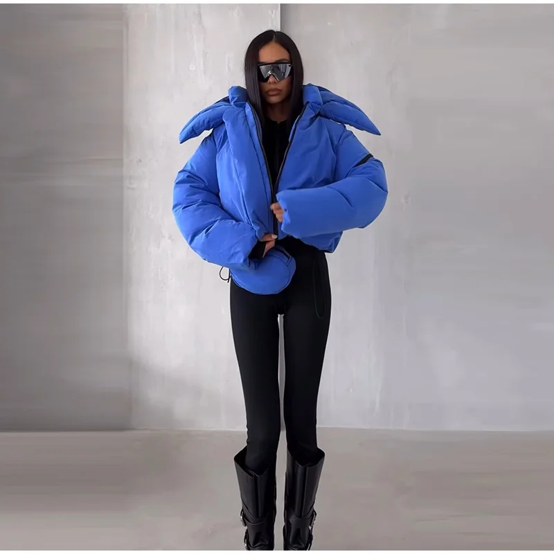 Detachable Big Hood Women Puffer Jackets Oversized Loose Winter Warm Padded Coat Streetwear High Neck Drawstring Hem Outerwear