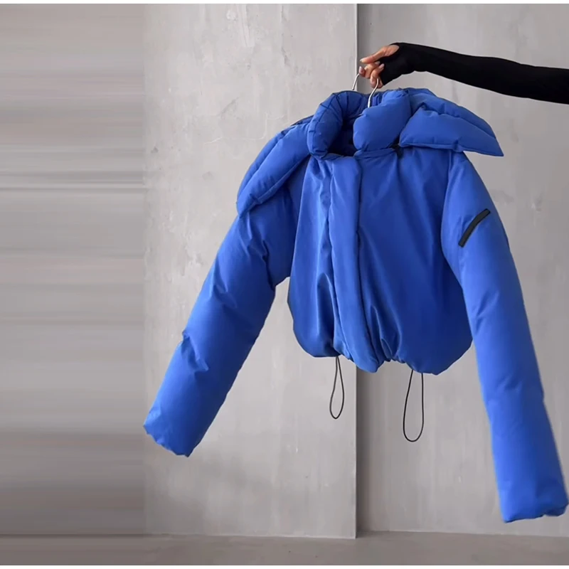 Detachable Big Hood Women Puffer Jackets Oversized Loose Winter Warm Padded Coat Streetwear High Neck Drawstring Hem Outerwear