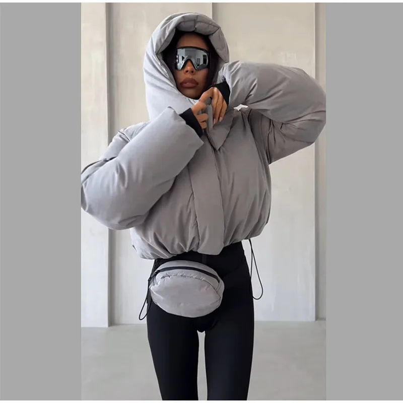 Detachable Big Hood Women Puffer Jackets Oversized Loose Winter Warm Padded Coat Streetwear High Neck Drawstring Hem Outerwear