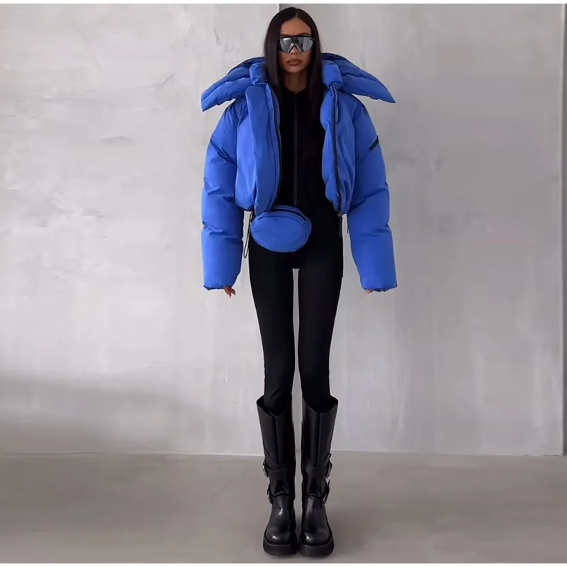 Detachable Big Hood Women Puffer Jackets Oversized Loose Winter Warm Padded Coat Streetwear High Neck Drawstring Hem Outerwear