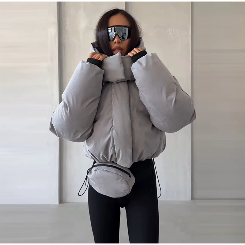 Detachable Big Hood Women Puffer Jackets Oversized Loose Winter Warm Padded Coat Streetwear High Neck Drawstring Hem Outerwear