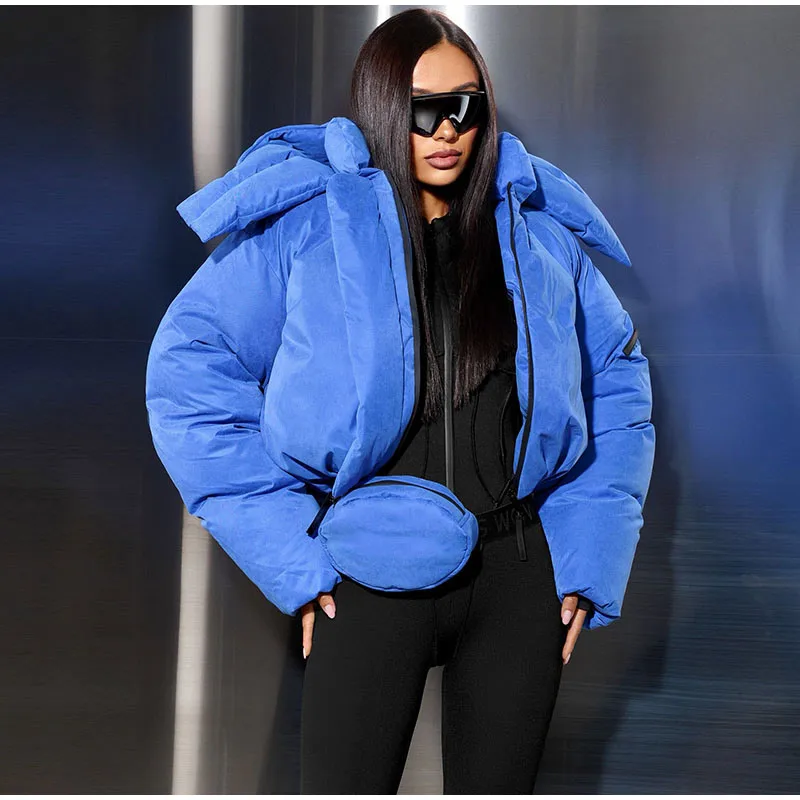 Detachable Big Hood Women Puffer Jackets Oversized Loose Winter Warm Padded Coat Streetwear High Neck Drawstring Hem Outerwear