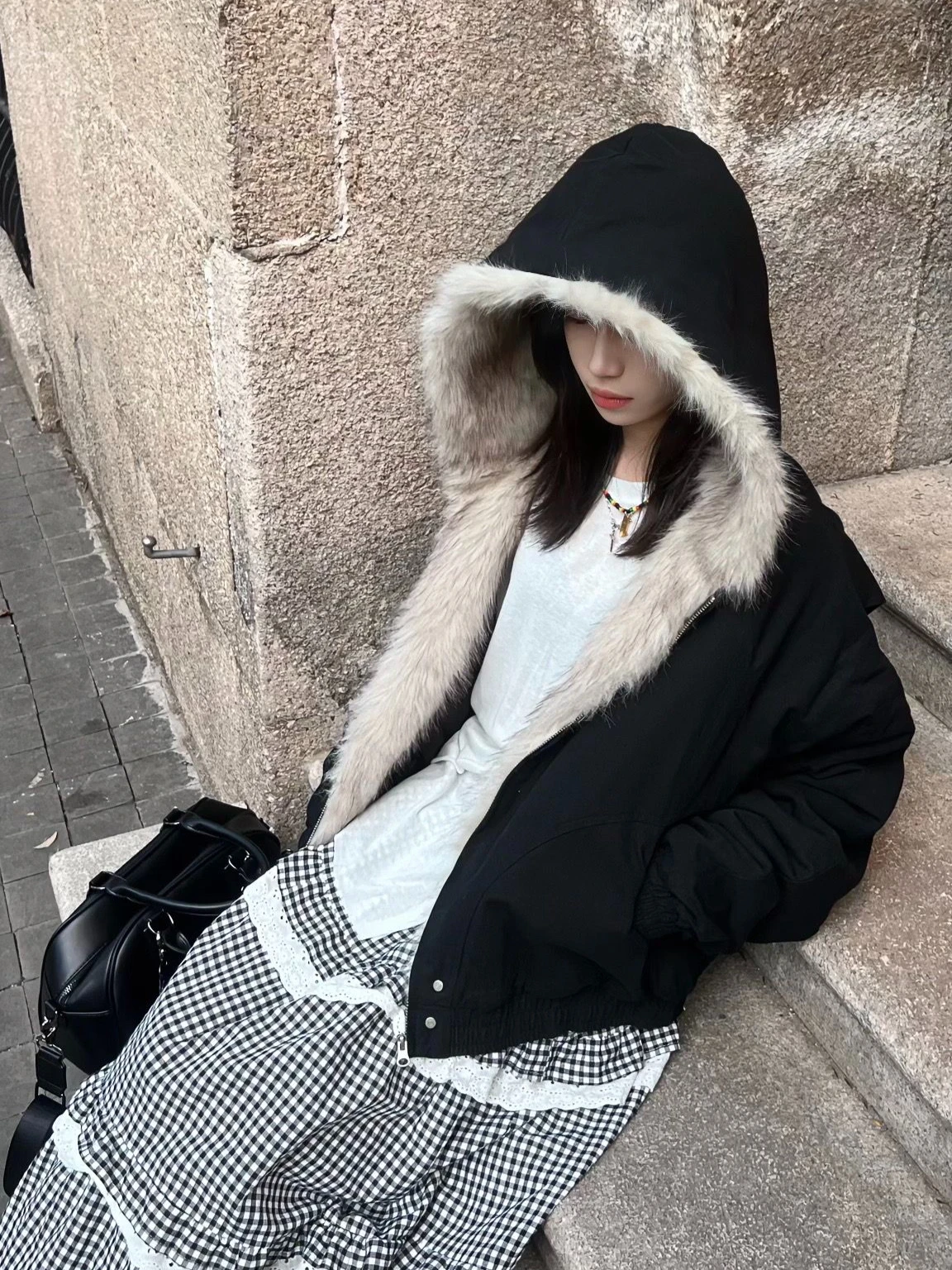 American Vintage Women Faux Fur Hooded Jacket Cropped Zip Up Quilted Coat Y2K Punk Streetwear Winter Warm Outerwear Women