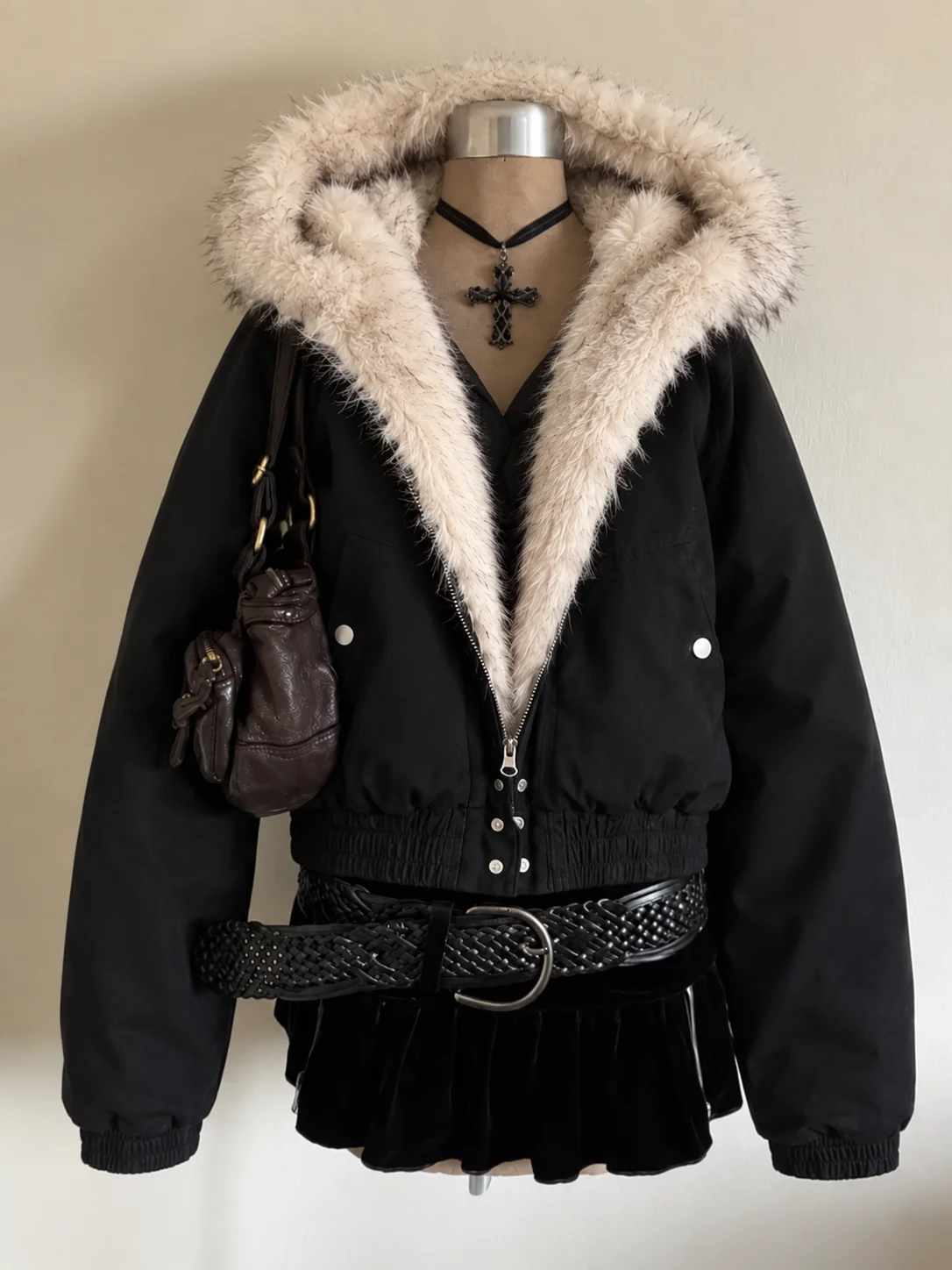 American Vintage Women Faux Fur Hooded Jacket Cropped Zip Up Quilted Coat Y2K Punk Streetwear Winter Warm Outerwear Women