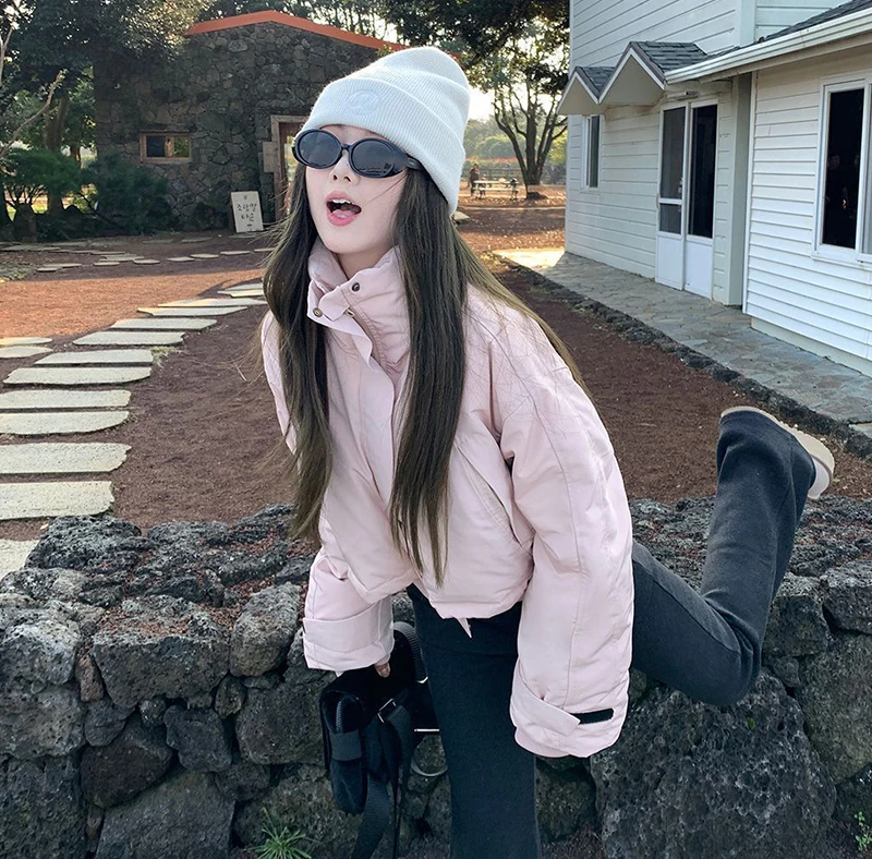 Pink Stand Collar Parkas Women Fashion Sweet Thick Warm Long Sleeve Coats Winter Preppy Style All Match Simple Outwear Tops New