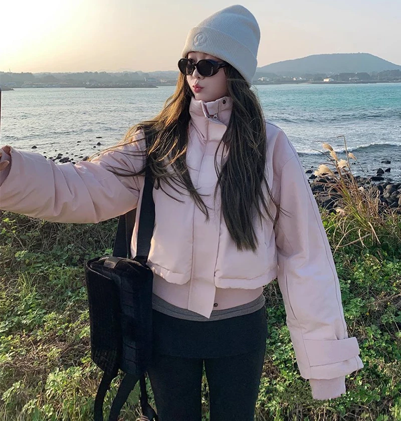 Pink Stand Collar Parkas Women Fashion Sweet Thick Warm Long Sleeve Coats Winter Preppy Style All Match Simple Outwear Tops New