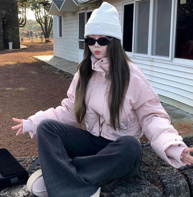 Pink Stand Collar Parkas Women Fashion Sweet Thick Warm Long Sleeve Coats Winter Preppy Style All Match Simple Outwear Tops New
