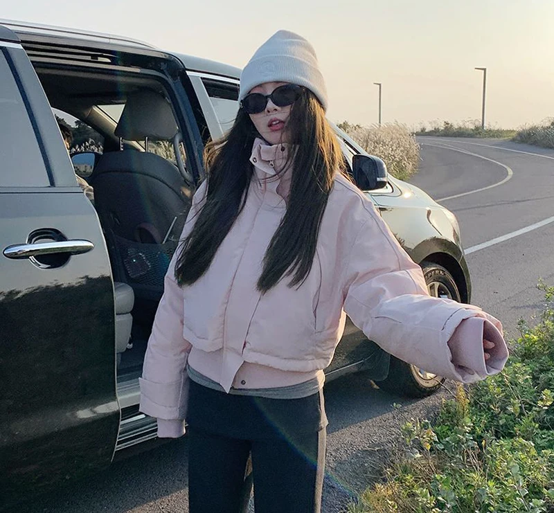 Pink Stand Collar Parkas Women Fashion Sweet Thick Warm Long Sleeve Coats Winter Preppy Style All Match Simple Outwear Tops New