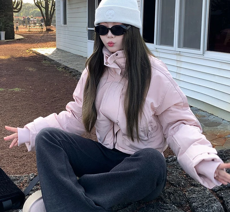 Pink Stand Collar Parkas Women Fashion Sweet Thick Warm Long Sleeve Coats Winter Preppy Style All Match Simple Outwear Tops New