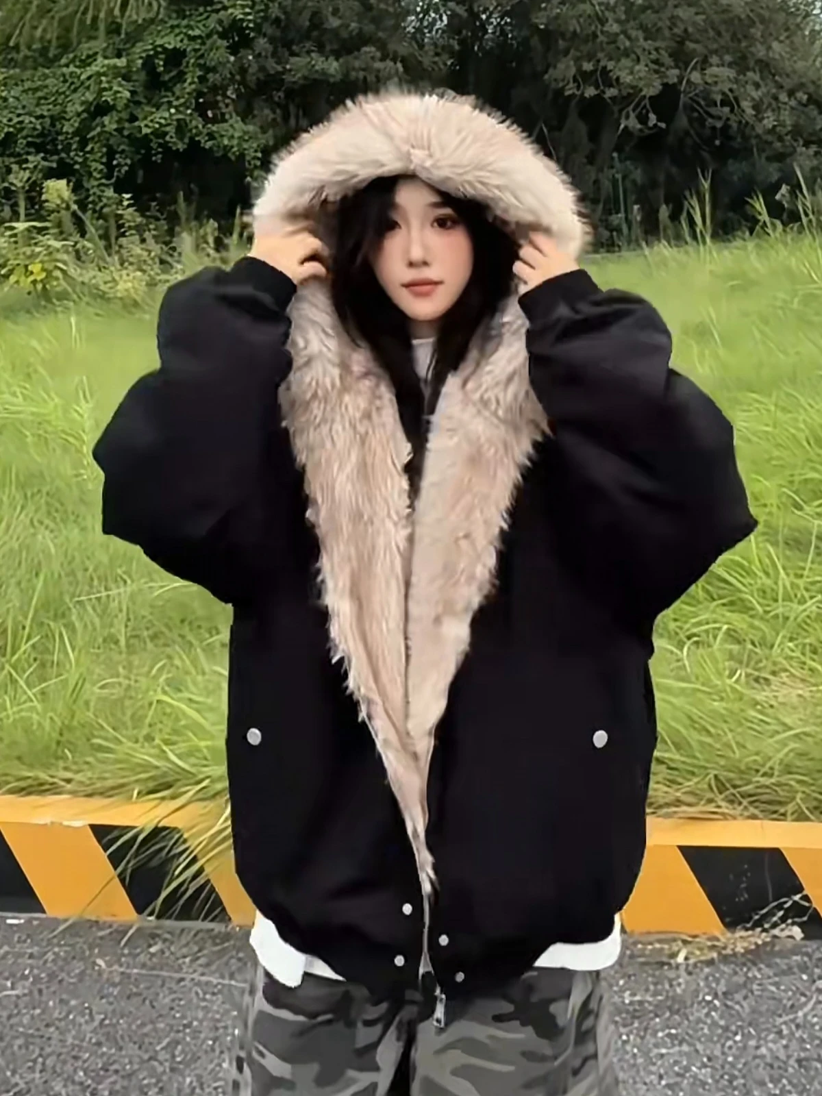 American Vintage Women Faux Fur Trim Hooded Jacket Cropped Zip Up Quilted Coat Y2K Grunge Streetwear Winter Warm Outerwear