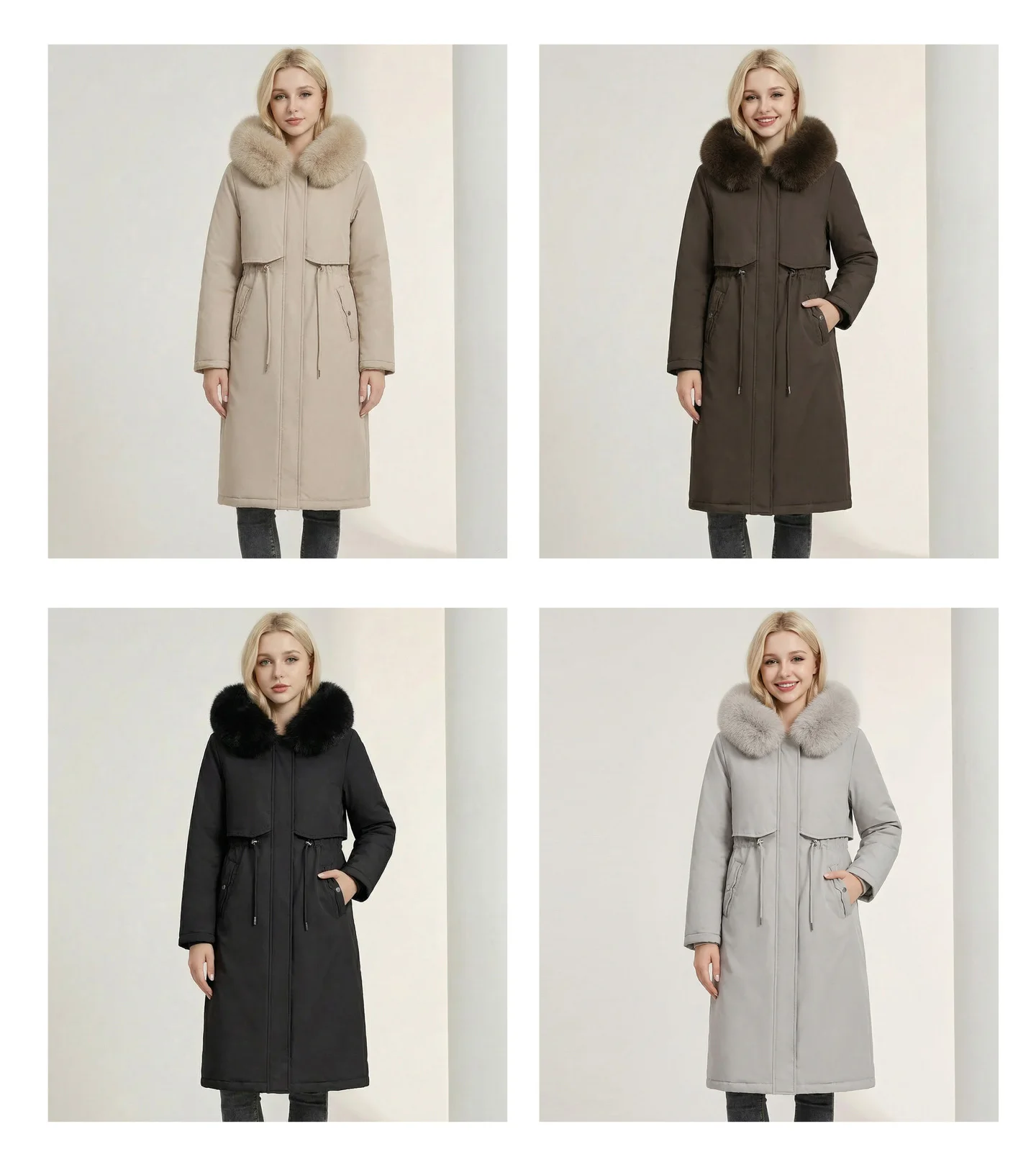 Women Reversible 2 Sides Wear Long Parkas Female Faux Fur Collar Hooded Coat With Drawstring Waist Winter Thick Outerwear Pike