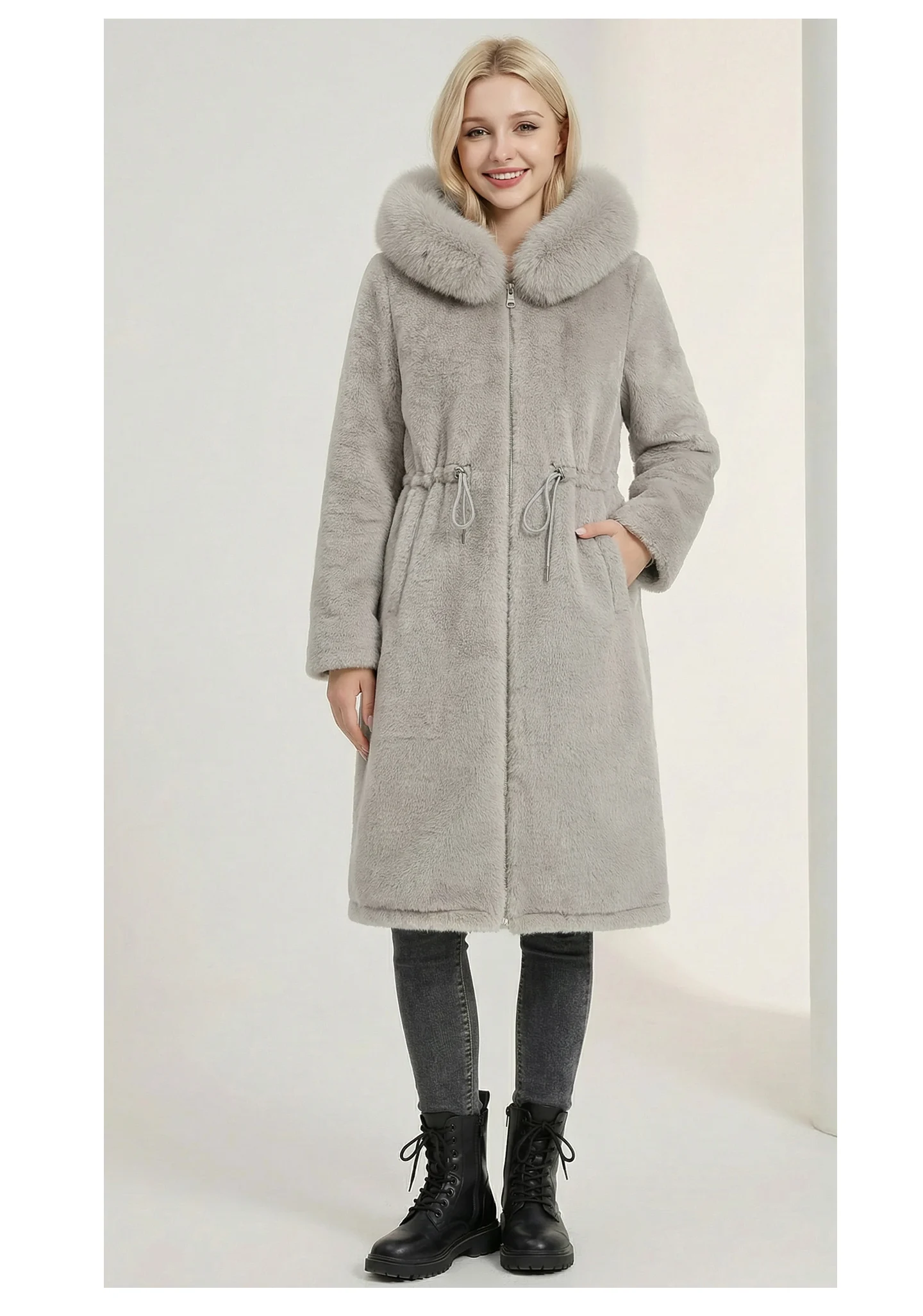 Women Reversible 2 Sides Wear Long Parkas Female Faux Fur Collar Hooded Coat With Drawstring Waist Winter Thick Outerwear Pike