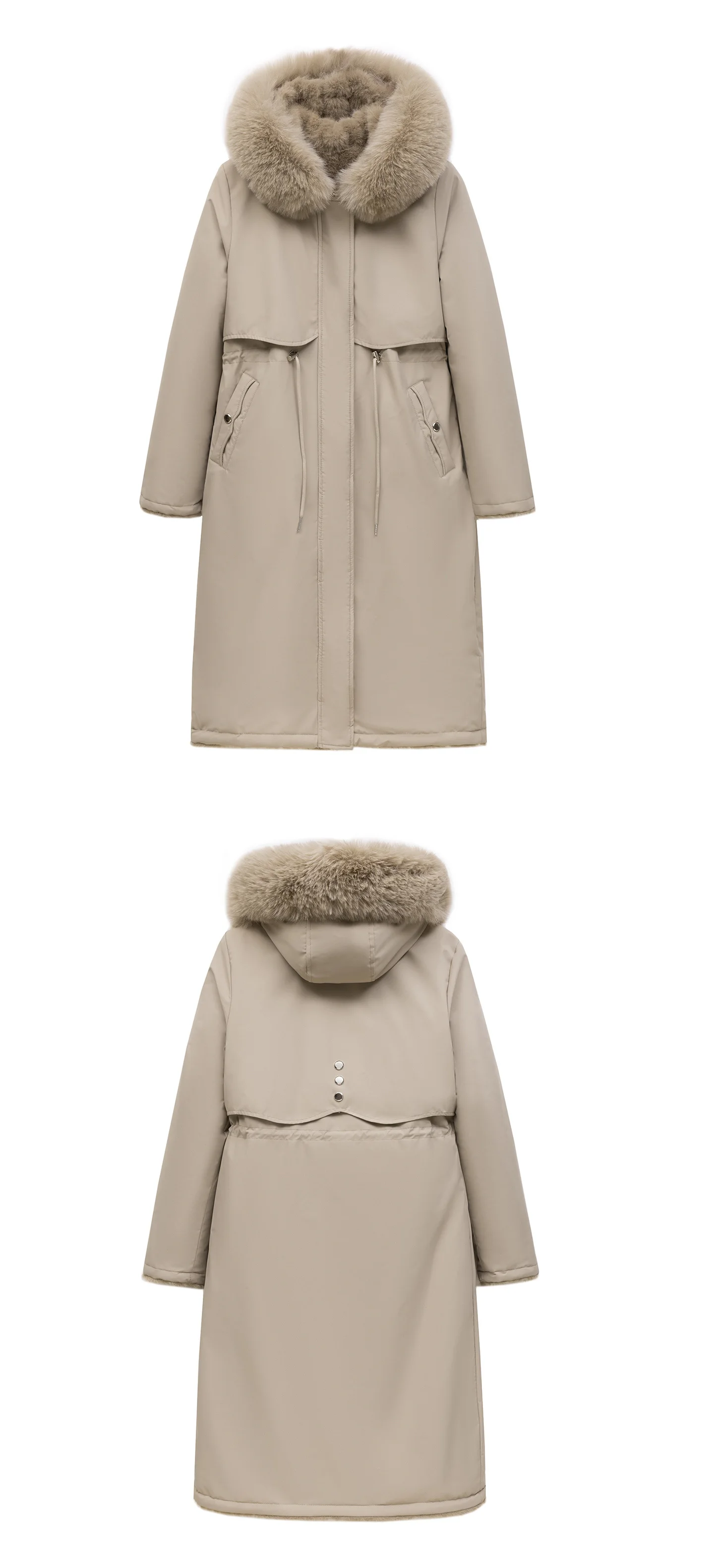 Women Reversible 2 Sides Wear Long Parkas Female Faux Fur Collar Hooded Coat With Drawstring Waist Winter Thick Outerwear Pike