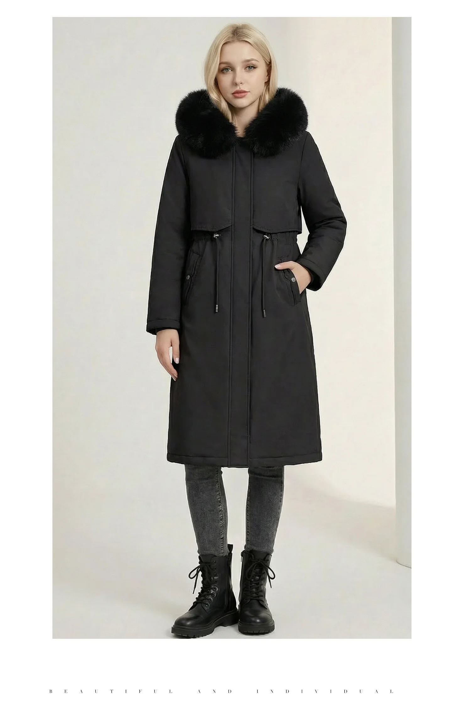 Women Reversible 2 Sides Wear Long Parkas Female Faux Fur Collar Hooded Coat With Drawstring Waist Winter Thick Outerwear Pike
