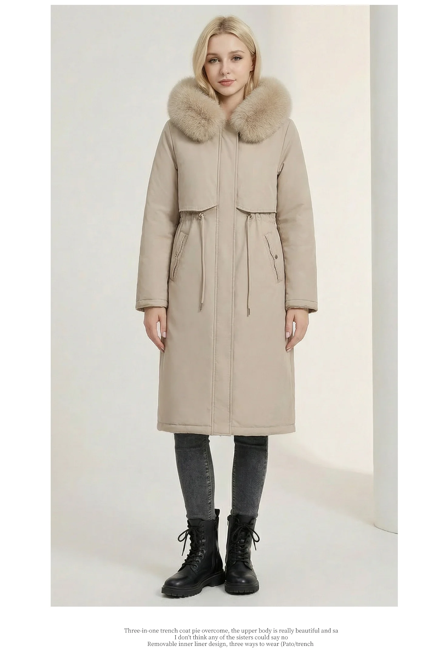 Women Reversible 2 Sides Wear Long Parkas Female Faux Fur Collar Hooded Coat With Drawstring Waist Winter Thick Outerwear Pike