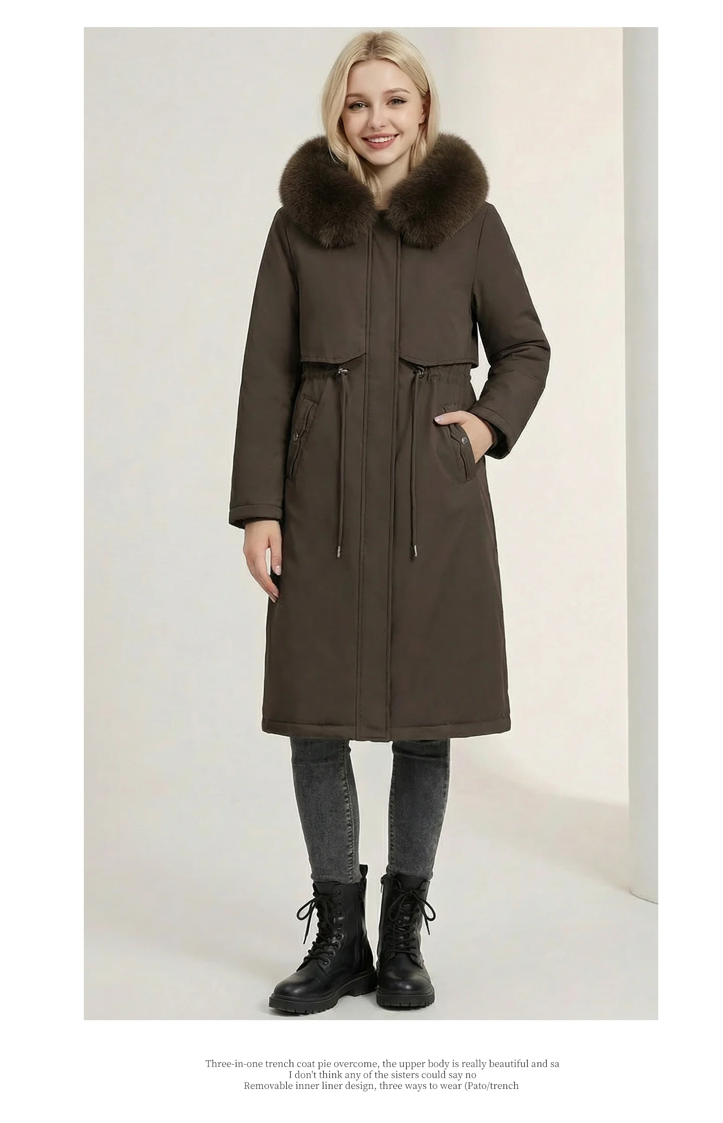 Women Reversible 2 Sides Wear Long Parkas Female Faux Fur Collar Hooded Coat With Drawstring Waist Winter Thick Outerwear Pike