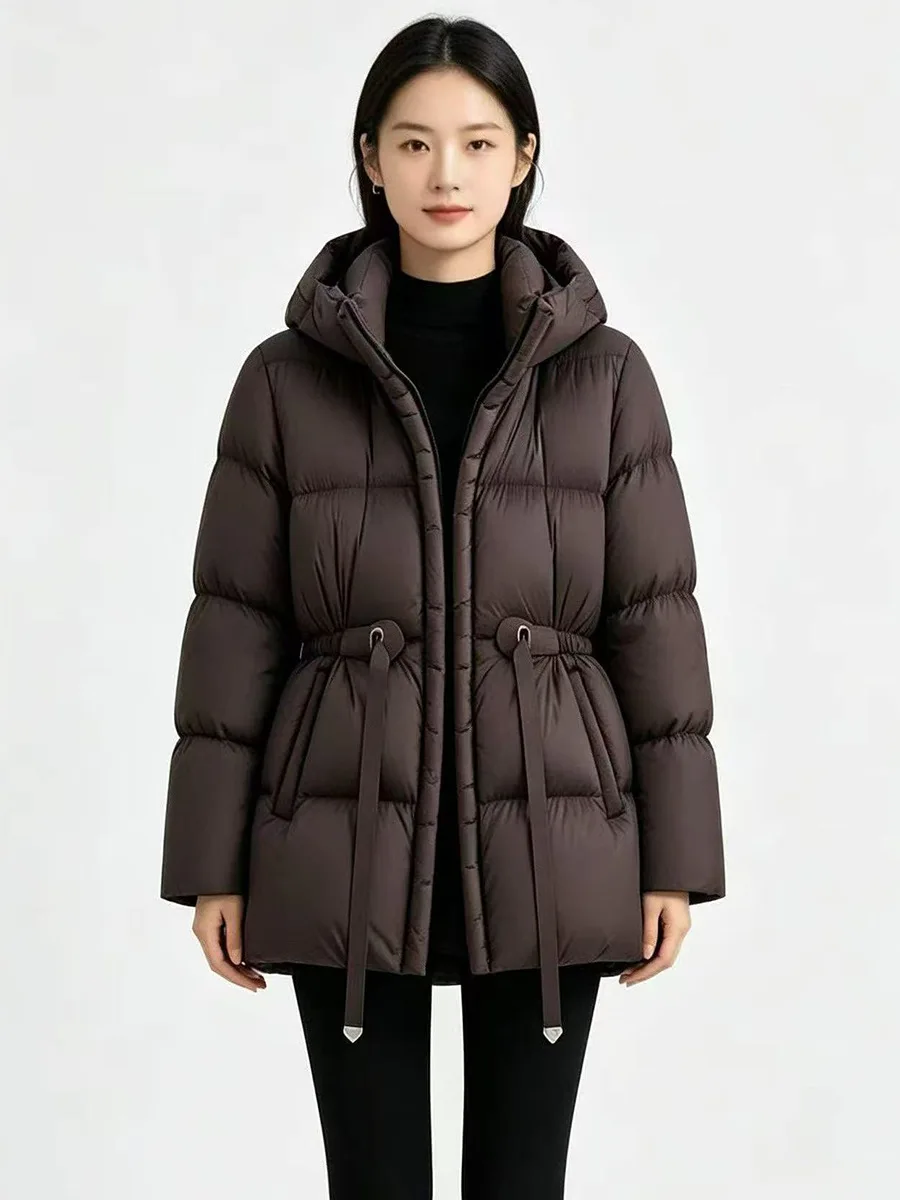 Winter High Quality Hooded Down Jacket Women White Duck Down Thicken Warm Outwears Female Waist Drawstring Parker Down Jacket