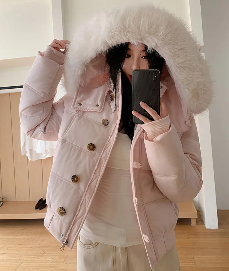 Casual Cropped Parkas Women Fashion Faux Fur Collar Hooded Puffy Coats Winter Warm Solid All Match Slim Long Sleeve Outwear Tops